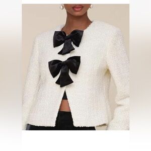 Avec Les Filles Women's Small Cropped Bow Front Lady Jacket Tweed Ivory Wool